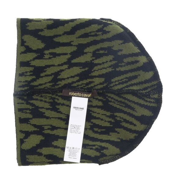 Roberto CavalliESZ026 D0491 Black/Military Green Jaguar Beanie Hat